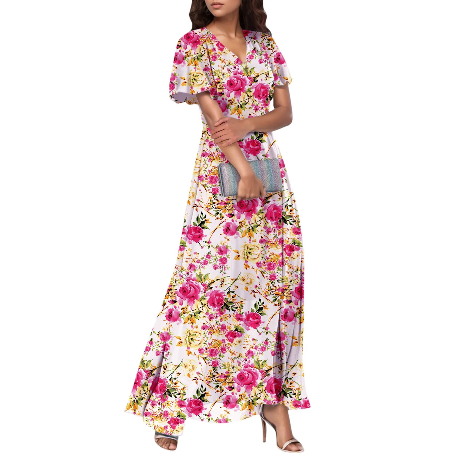 Women V-neck Ruffle Short Sleeve Maxi Dress Waist Tight High-waist Hem Sweet Floral Print Elegant Dress Female Clothing Vestidos