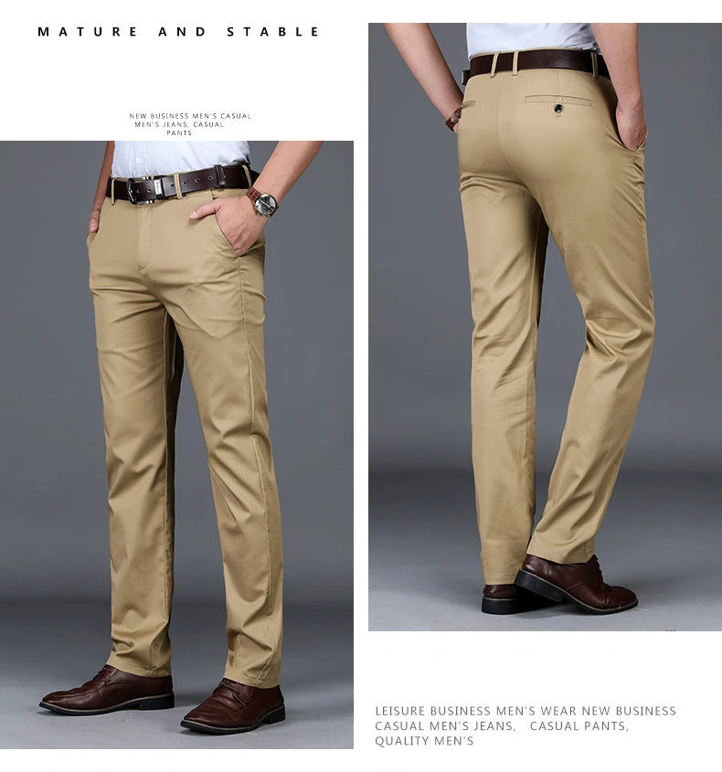 Spring Summer Cotton Casual Pants Mens Clothing Straight Business Green Black Khaki Trousers Male Brand 2022