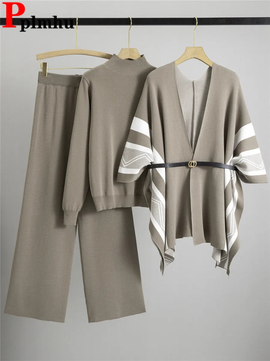 Korean Elegant Knitted 3 Piece Sets Women Sweater Pullover+chic Design Shawl Tops Conjuntos High Waist Wide Leg Pants Outfit New