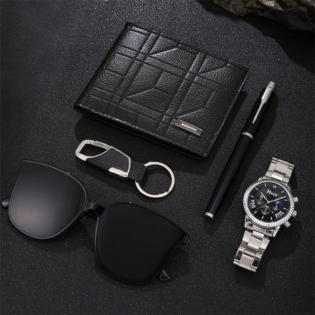 5 pieces/set of fashionable and all-matching men's watch set + wallet + glasses + key chain + pen birthday gift set