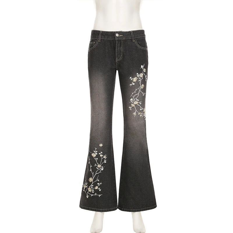 Floral Embroidery Jeans Women Y2K Streetwear Baggy Denim Pants Vintage 2000S Low Rise Flared Jeans Female High Street Trousers