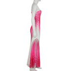 BIIKPIIK Vacation Mesh Semi-perspective Long Dress Sexy Floral Printed Strapless Party Dress Elegant Women Slim Fit Maxi Dresses