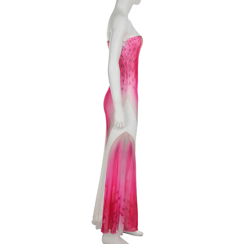 BIIKPIIK Vacation Mesh Semi-perspective Long Dress Sexy Floral Printed Strapless Party Dress Elegant Women Slim Fit Maxi Dresses