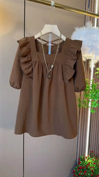 Summer Casual V-neck Back Cross Strap Fly Sleeve Elastic Shoulder Loose Fit Small Shirt Versatile Simple Top for Plump Sister