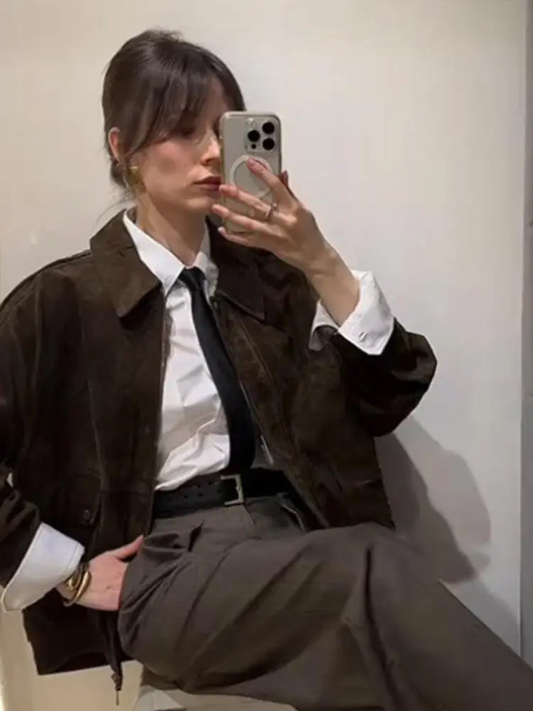 Vintage Suede Short Jacket Women Casual Turn Down Collar Zipper Coat Female 2025 Spring Fashion Versatile High Street Outwears