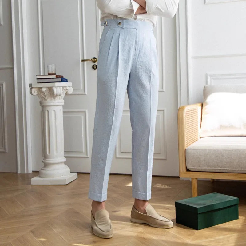 High-end Striped Men's Suit Pants Spring Summer Thin Italian Straight Casual Trousers Blue Paris Buckle Business Trousers