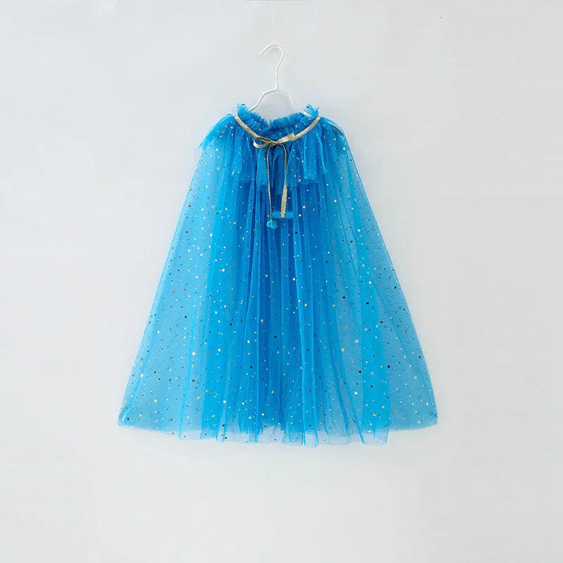 Summer Girl Princess Party Accessories Cloak Snow Queen Elsa Anna Costume Cape Rapunzel Aurora Sequins Tulle Halloween Mantle