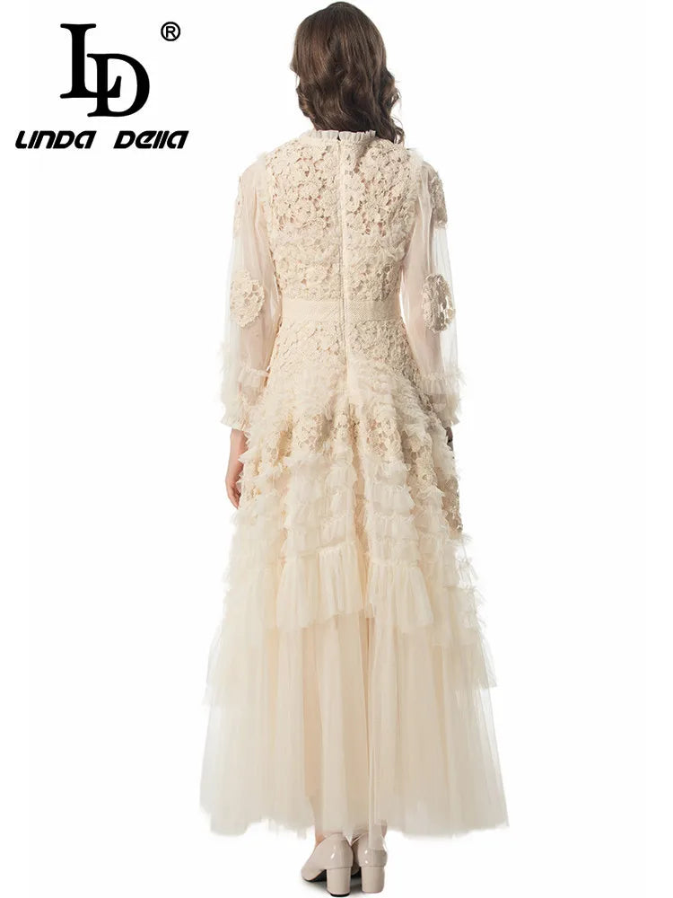 LD LINDA DELLA Fashion Designer Summer Dress Women's Vintage Solid Color Temperament Net Yarn Embroidery Cascading Ruffle Dress