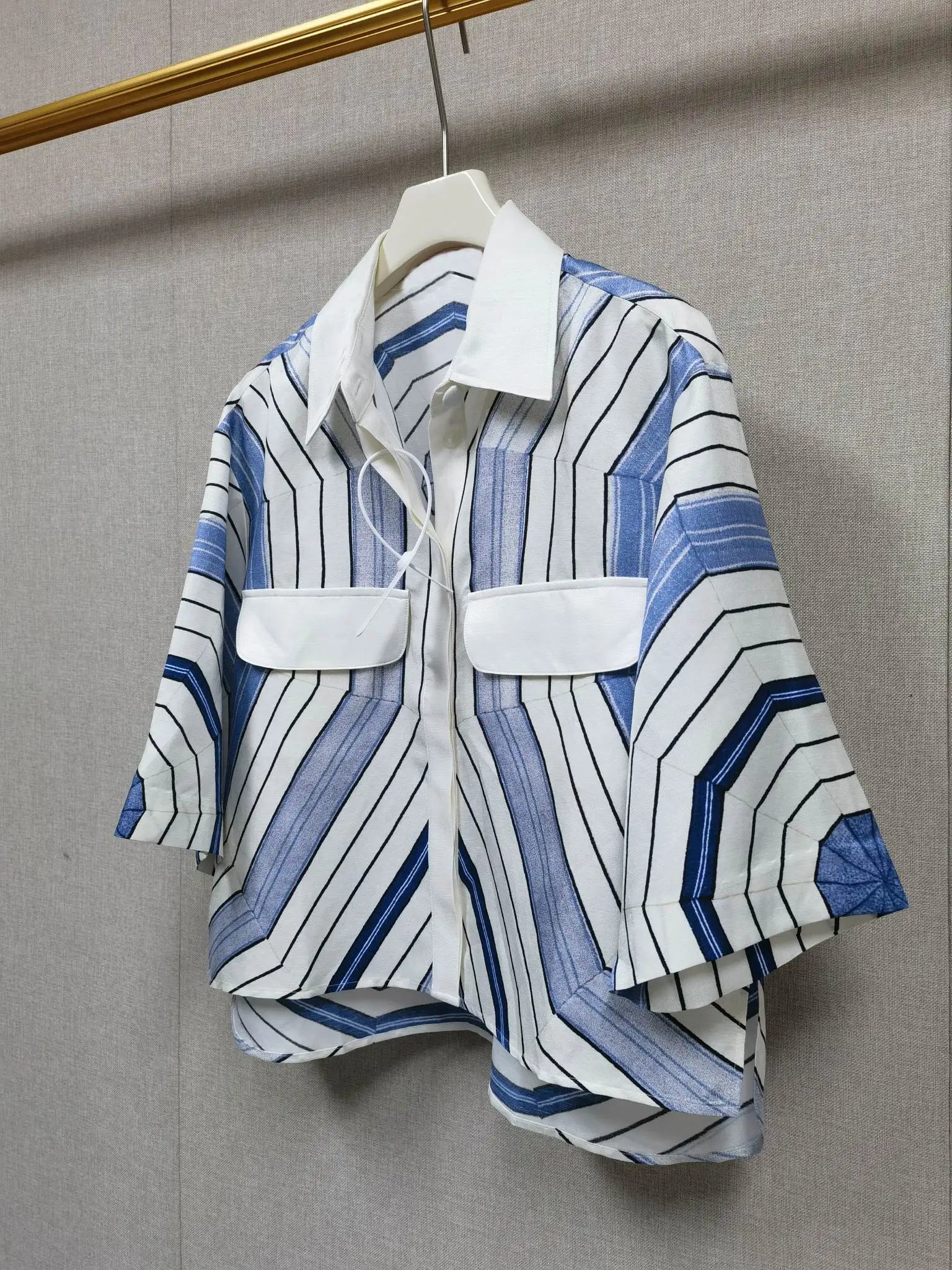 Elegant 2025 Summer Women's Geometric Print Contrasting Collar Shirt+Shorts+Long Sleeved Shirt+Pleated Skirt Set