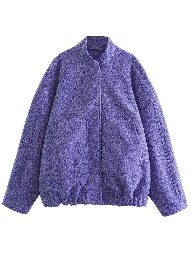 MiuKoMiYa Army Green Short Wool Blend Bomber Jackets For Women Winter Outdoor Women's Woolen Blend Coat Women Loose Wool Jacket