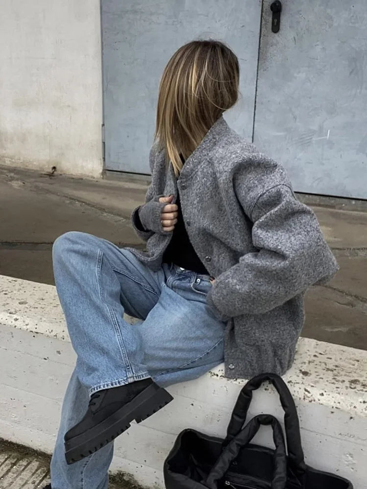 MiuKoMiYa Army Green Short Wool Blend Bomber Jackets For Women Winter Outdoor Women's Woolen Blend Coat Women Loose Wool Jacket