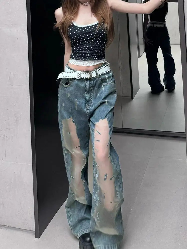 American Hot Girl Retro Washing Ripped Jeans for Women Summer Design Hollow 2000s Clothes Y2k Pants Baggy Harajuku Fashion Pant