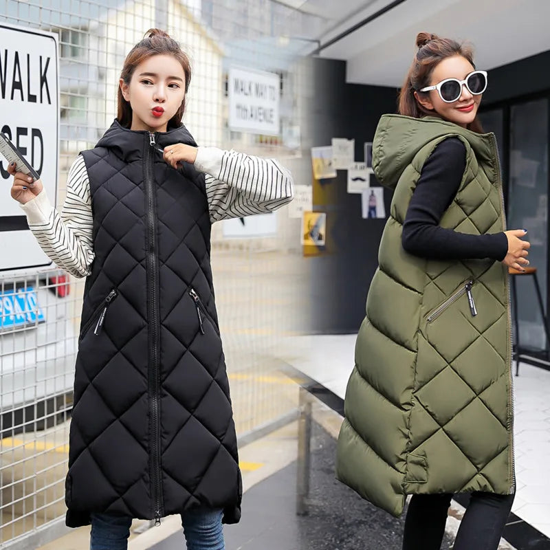 Women's Sleeveless Vest Long Down Padded Jacket Solid Color Hooded Loose Ladies Fashion Casual Warm Winter Jacket Vest Women