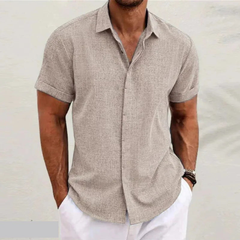 Men Cotton Linen Hot Sale Men's Short-Sleeved Shirts Summer Solid Color Turn-down Collar Casual Beach Style Plus Size Tops