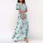 Women V-neck Ruffle Short Sleeve Maxi Dress Waist Tight High-waist Hem Sweet Floral Print Elegant Dress Female Clothing Vestidos