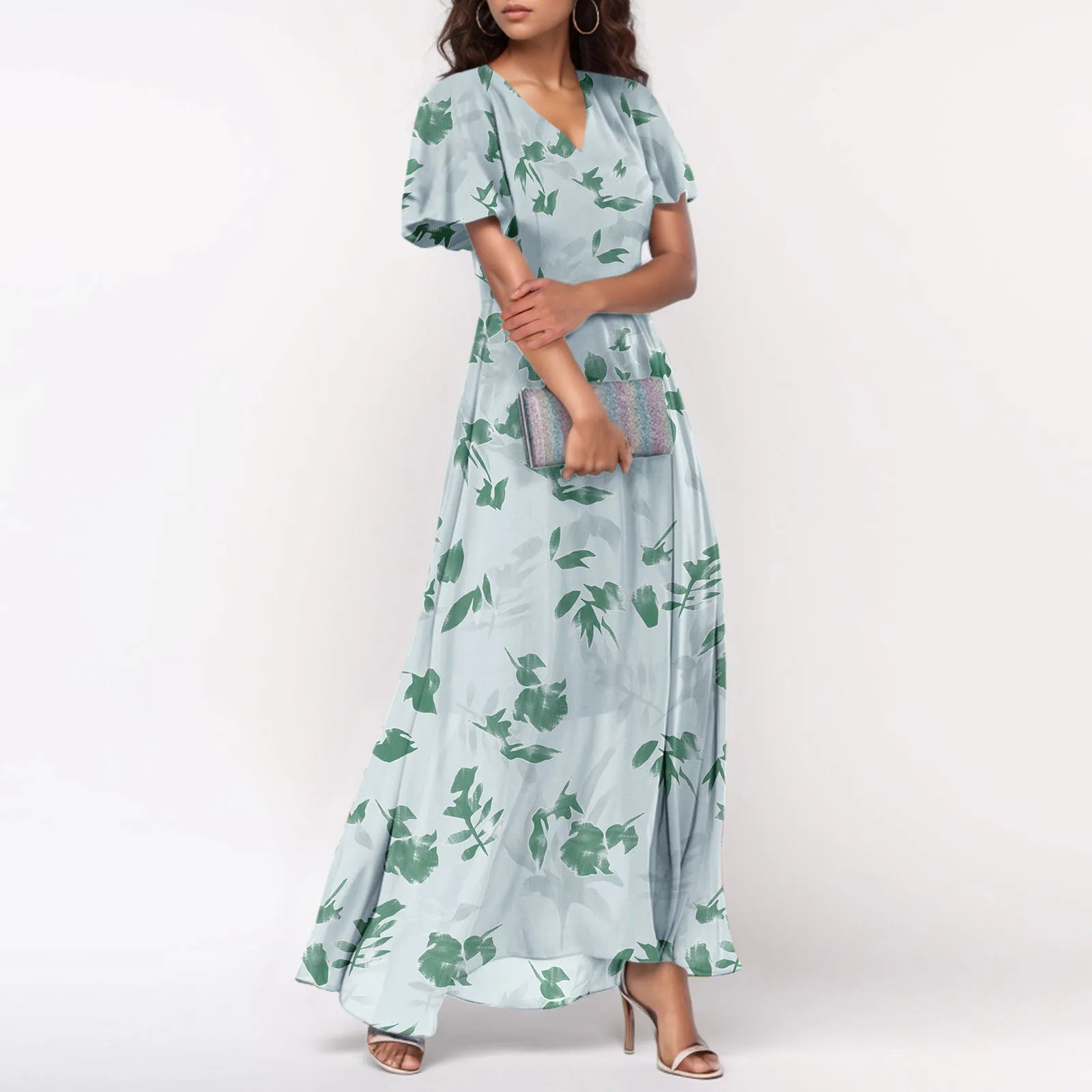 Women V-neck Ruffle Short Sleeve Maxi Dress Waist Tight High-waist Hem Sweet Floral Print Elegant Dress Female Clothing Vestidos