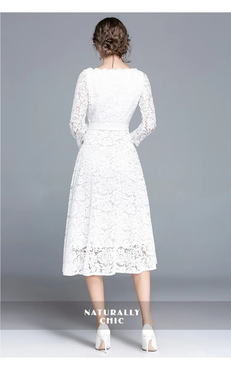 Lace White Prom Dress Women 2023 Summer Autumn Long Sleeve Sexy Slash Neck A Line Midi Party Vestidos Flower Embroidery