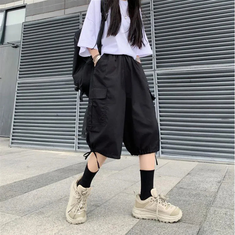 Zoki Streetwear Harajuku Oversize Bf Cargo Shorts Hip Hop Fashion High Waist Women Big Pockets Casual Shorts Summer Loose Shorts