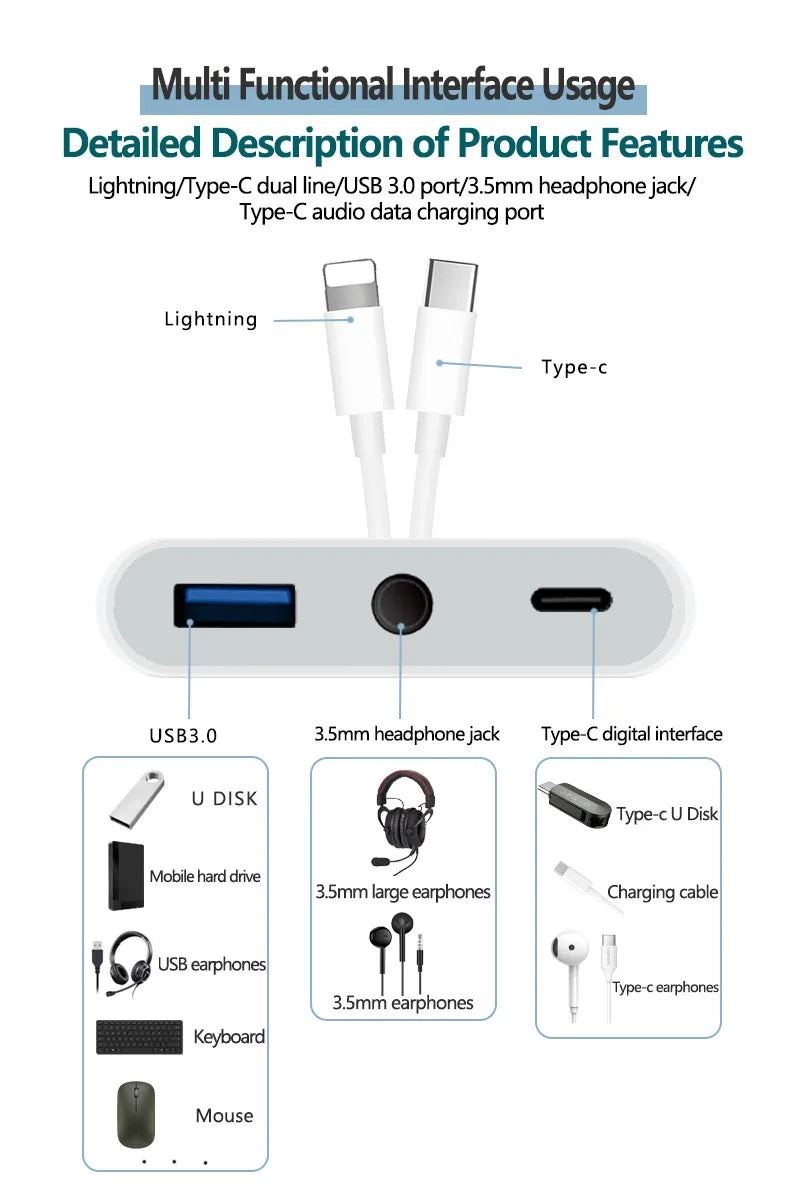 Byscoon Lightning/Type C to USB 3.0 /3.5mm/Type C OTG Adapter 3.5mm Audio Jack Splitter for iPhone14/13/12/iPad with Charging
