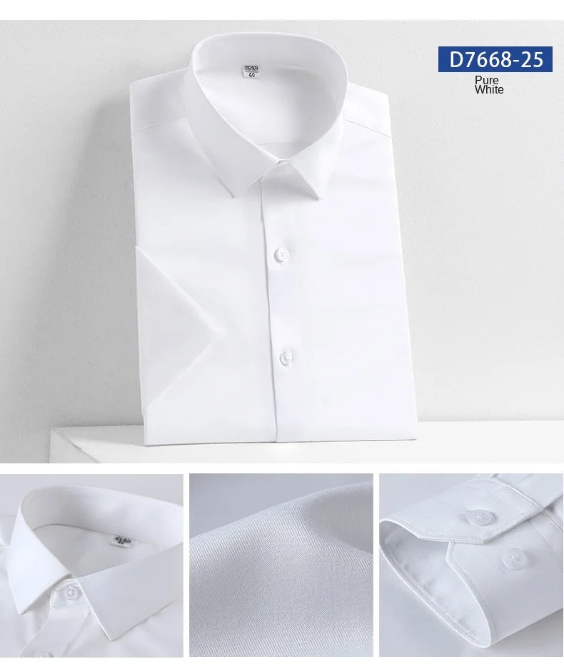 2023 Summer Short Sleeve High Density Silky Material Solid  Elastic Business Men Dress Shirts No Pocket Stretch Clothes