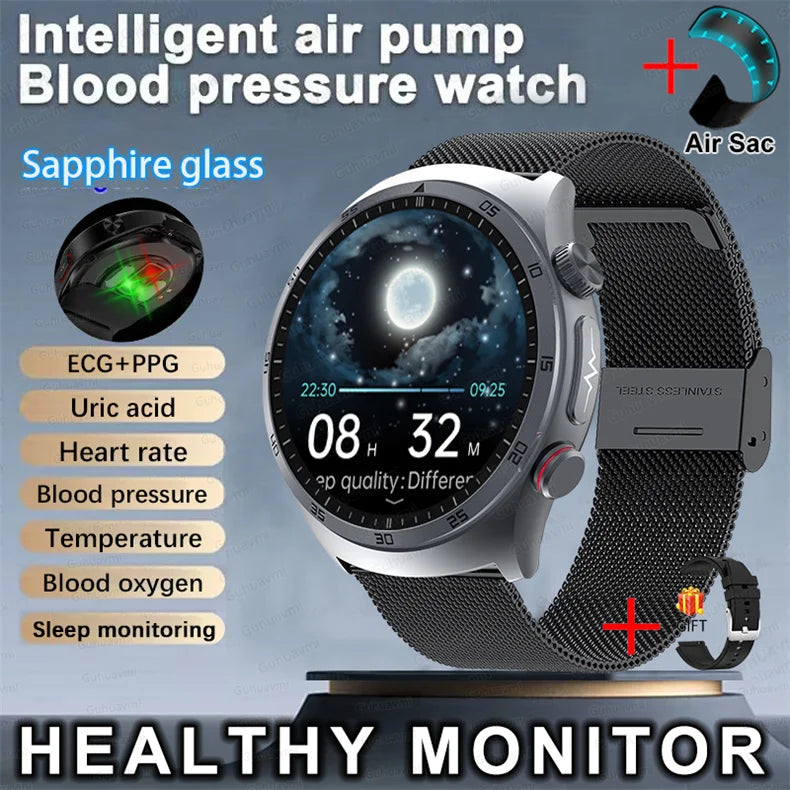Sapphire Glass AMOLED Blood Pressure Smart Watches ECG Blood Oxygen Blood Pressure Air Pump Sport Health Tracking Smartwatch NFC