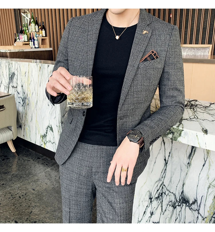 Men Luxury Slim Fit Check Suits Men Boutique Business Casual Formal Suits Sets Blazers+Pants Wedding Social Tuxedo Dress Homme
