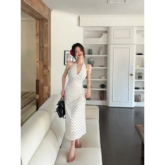 2024 Korean Style Open-back Halter Neck Dress Women's Summer Elegant Long Dress Waist-fitted A- line Skirt Sleeveless