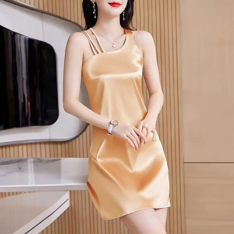 Silk Satin Halter Dress Spring Summer Sleeveless Base Vest Skirt Irregular Inner Wear Women's Clothing Dress Style