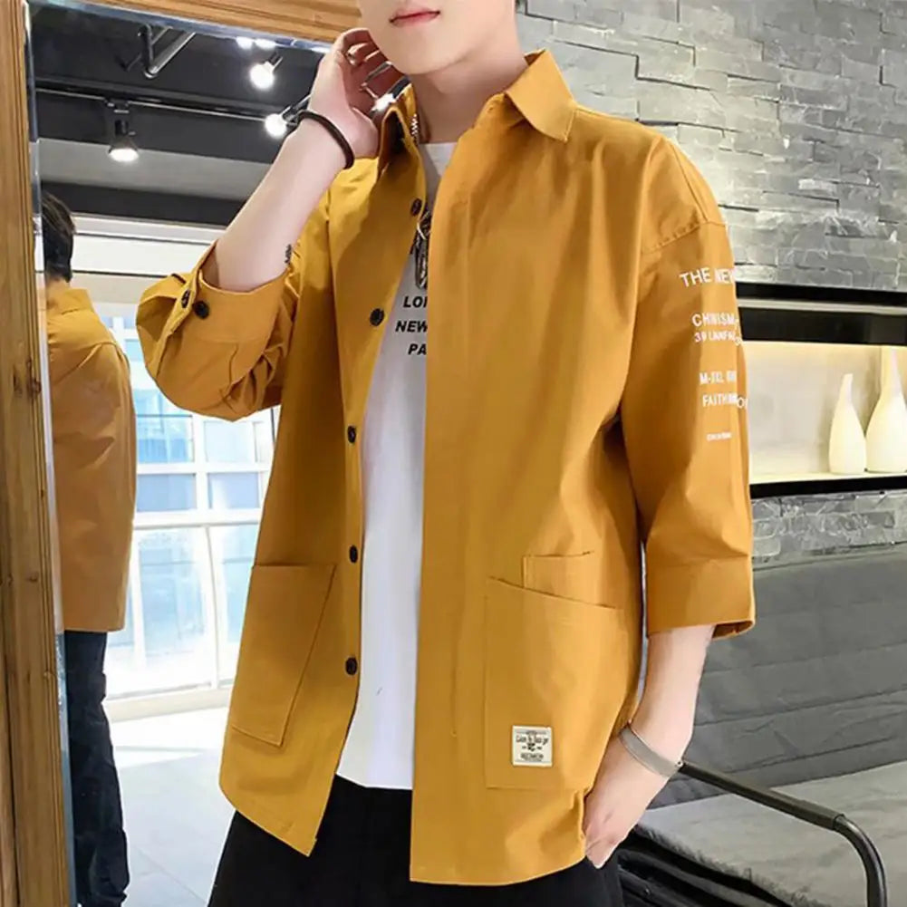 Japanese Style Men Cargo Shirt Half Sleeve Single-breasted Shirt Vintage Logo Label Decor Men Jacket Casual Loose Cardigan Shirt