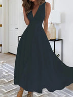 Women'S Fashion Casual Dresses Spring And Summer Solid Color Sleeveless V Neck Side Zipper Style Long Dress Elegant Sundress