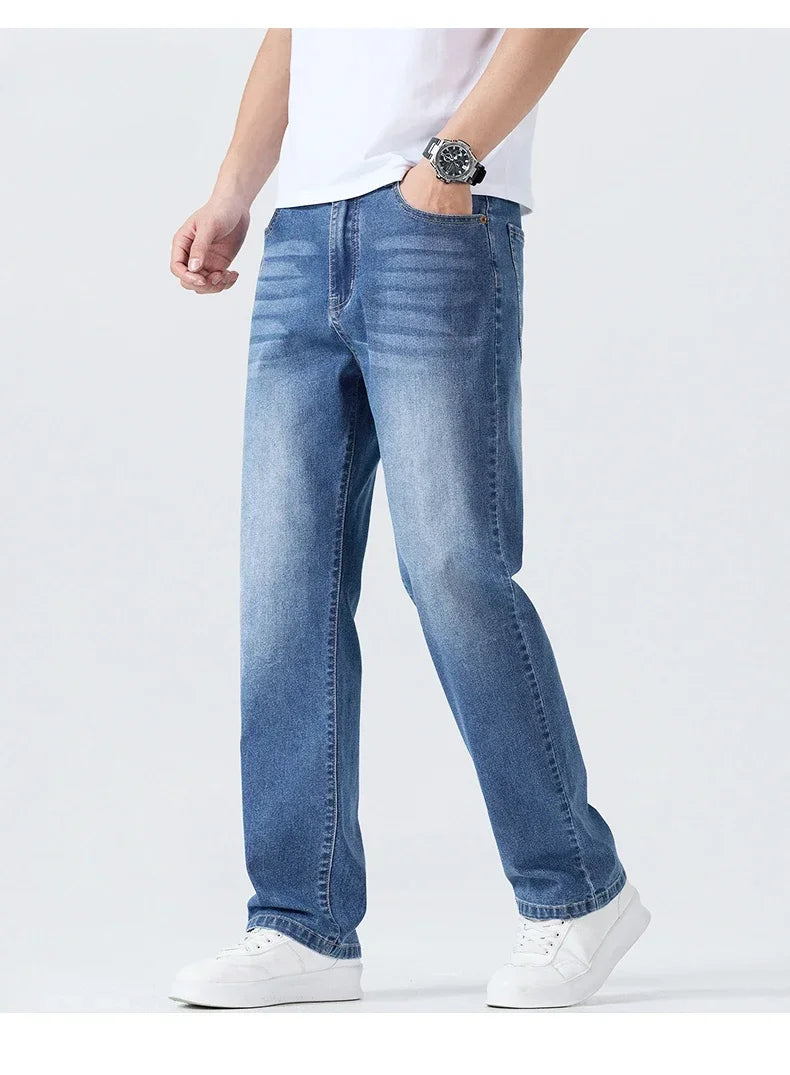 Summer Thin Straight Jeans Men's Clothing Soft Breathable Trousers Male Brand Comfortable Business Loose Denim Pants Retro Y2K