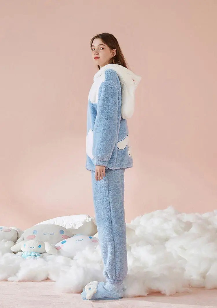 Cinnamoroll Women's Plush Pajamas Suit Sanrioed Kawaii Autumn Winter Hooded Home Clothes Cute Girl Thickened Cute Cartoon Sweet