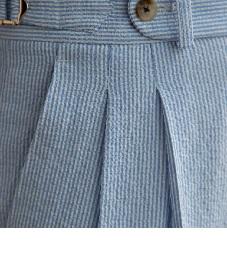 High-end Striped Men's Suit Pants Spring Summer Thin Italian Straight Casual Trousers Blue Paris Buckle Business Trousers