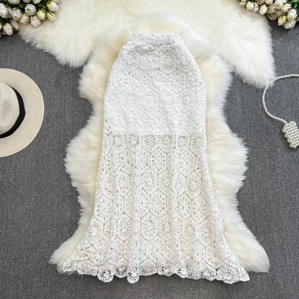 Boho Holiday Long Skirts Women Crochet Hollow Out Female Trumpet Skirt Ladies Elegant Lace Patchwork Summer Skirt Dropshipping