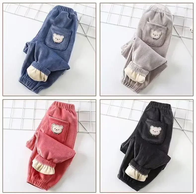 Autumn/winter Children's Fleece-lined Corduroy Pants Stylish Embroidery Casual Warm Trousers For Boys Girls