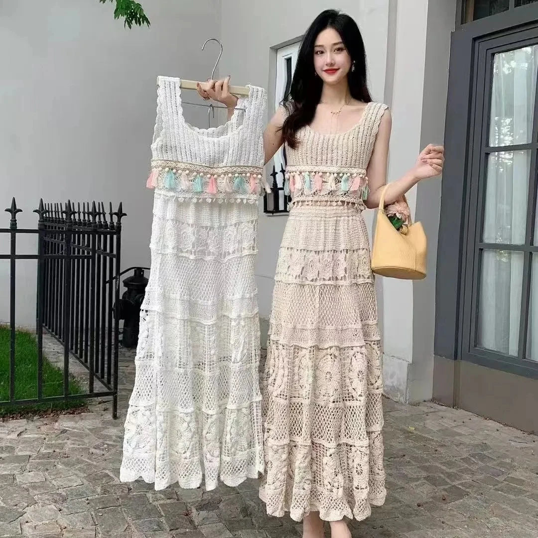 Retro Hollow Knitted Crochet Women's Solid Color Skirt 2025 Summer Fashion Lace Patchwork Female High Waisted Skirt