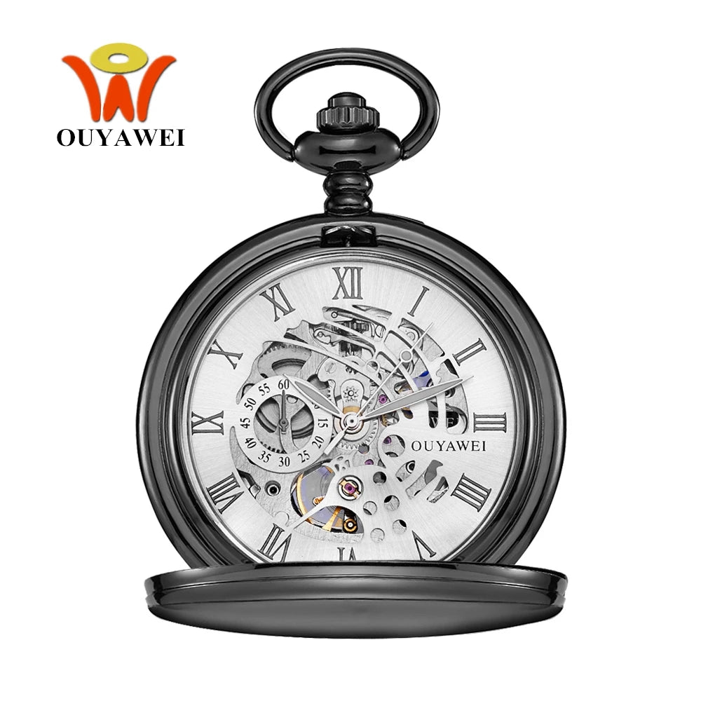 New OYW Brand Stainless Steel Men Fashion Casual Pocket Watch Skeleton dial Silver Hand Wind Mechanical Male Fob Chain Watches
