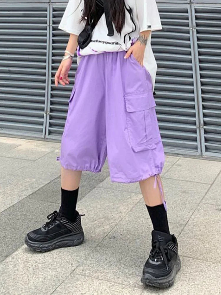 Zoki Streetwear Harajuku Oversize Bf Cargo Shorts Hip Hop Fashion High Waist Women Big Pockets Casual Shorts Summer Loose Shorts