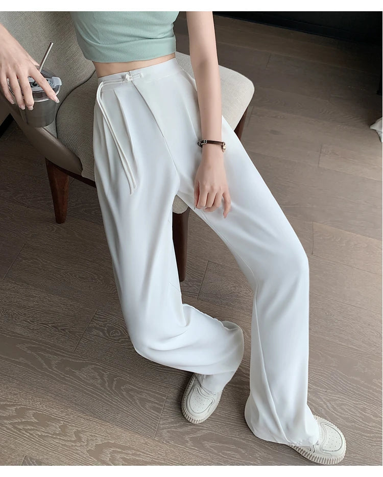 2025 New Spring Summer Tapered Wide Leg Suit Pants White High Waist Drop Hem Loose Straight Casual Slim Fit Trousers Female