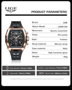 LIGE Quartz Mens Watches Fashion Business Military Wrist Watch For Men Silicone Sport Waterproof Chronograph Square Watch Men