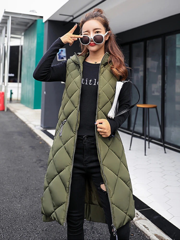 Women's Sleeveless Vest Long Down Padded Jacket Solid Color Hooded Loose Ladies Fashion Casual Warm Winter Jacket Vest Women