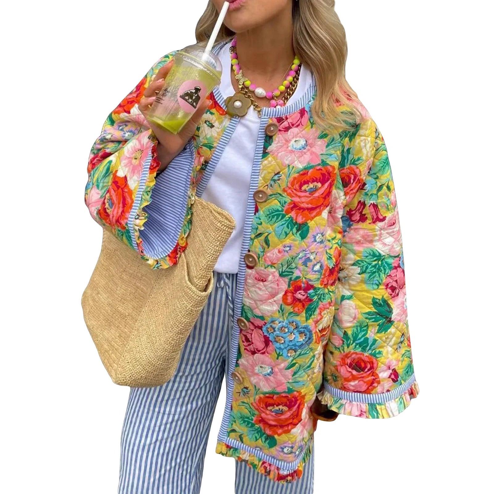 Women Fall Winter Loose Quilted Jacket Floral Print Button Down Long Sleeve Padded Coat Warm Outwear