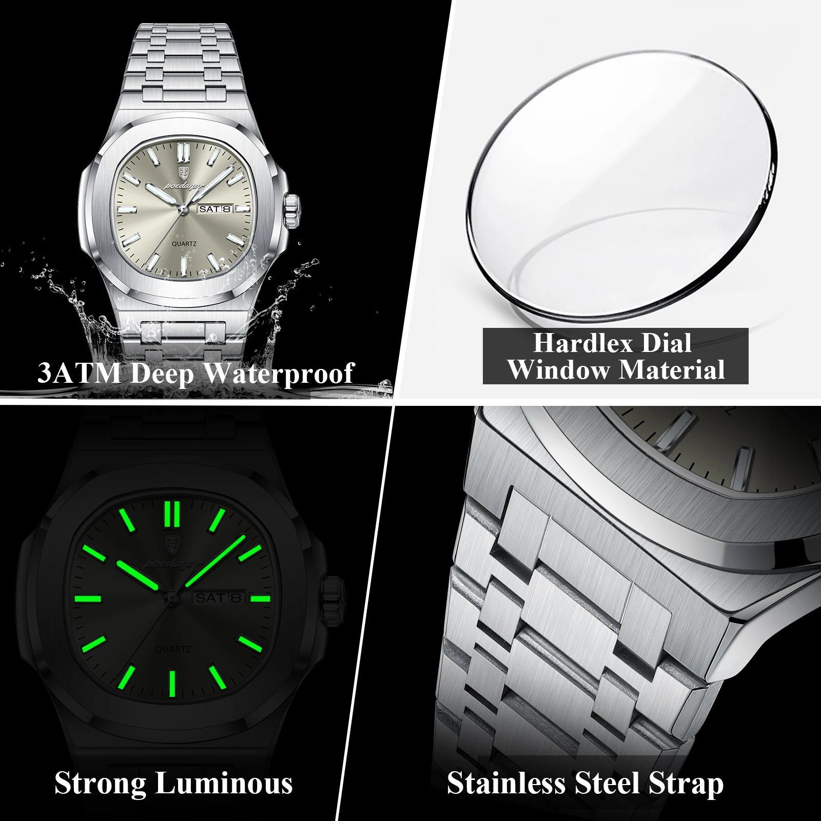 POEDAGAR Trendy Casual Wristwatch For Men Week Date Stainless Steel Man Watch Luminous Waterproof Luxury Quartz Men Watches+Box