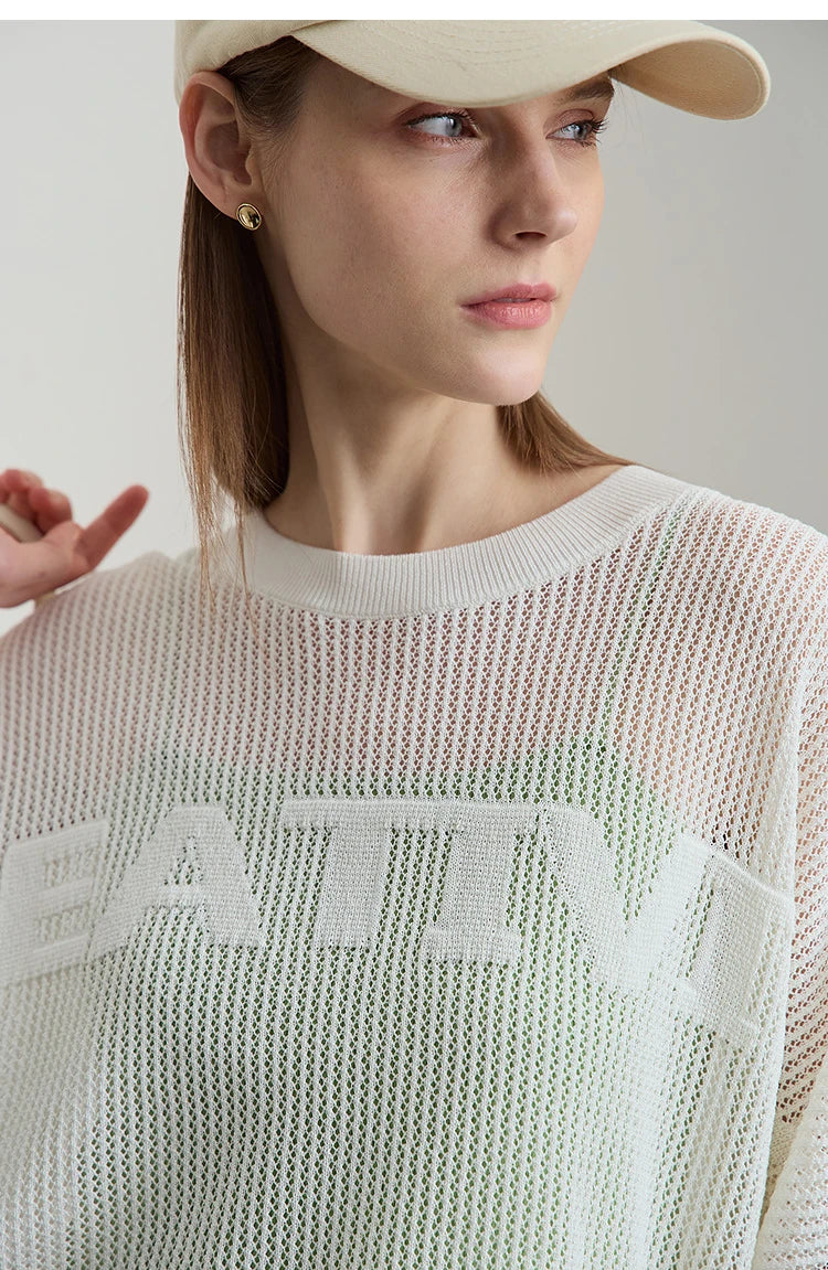Amii Minimalist Women's Hollowed-out Knitted Pullover 2025 Summer New Half-sleeve Crew Neck Loose Blouse Thin Solid Top 12542139