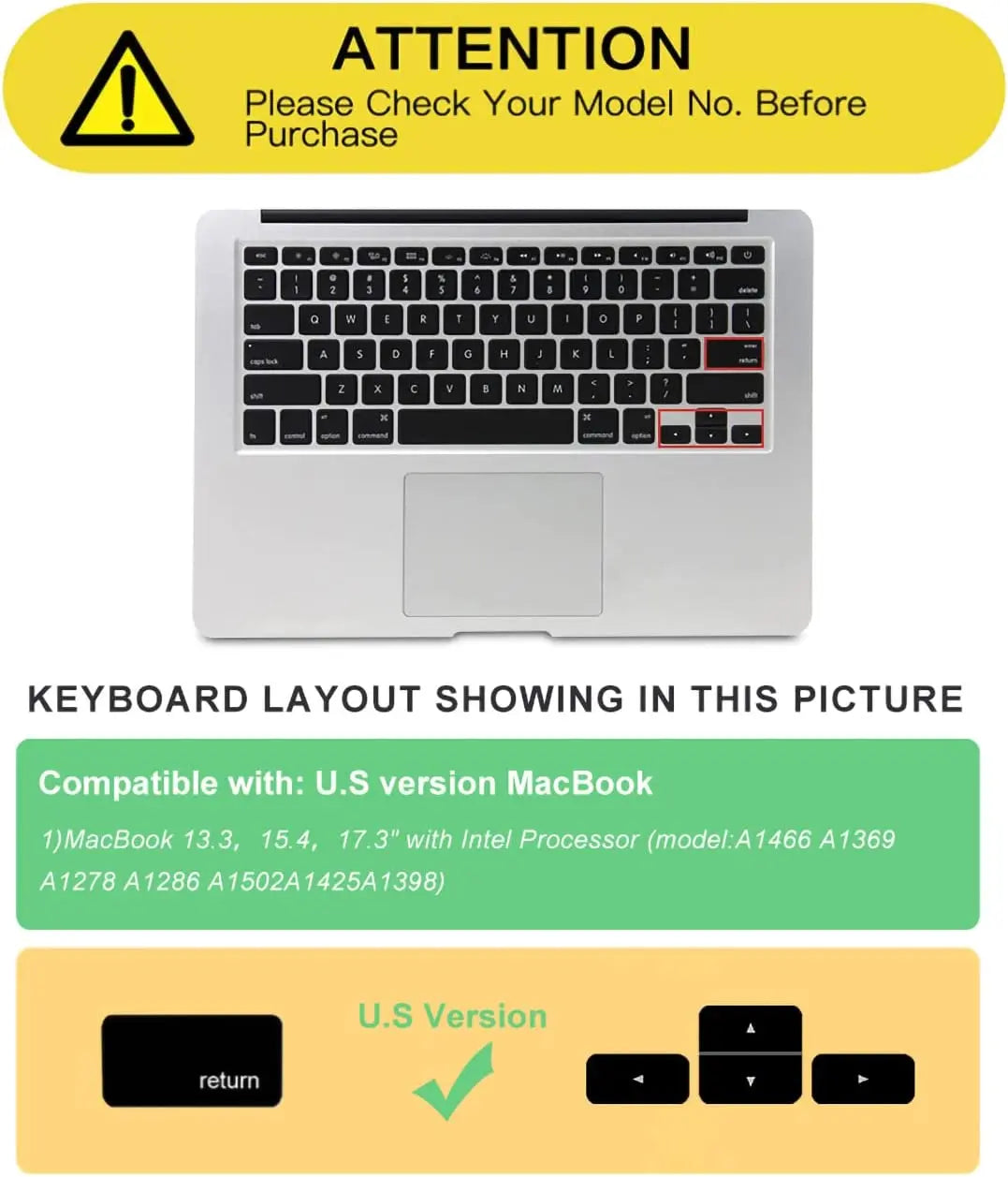 HRH Keyboard Cover US for MacBook Air 13'' A1466 A1369 for MacBook Pro 13.3'' A1278 A1425 A1502 for MacBook Pro 15'' A1286/A1286