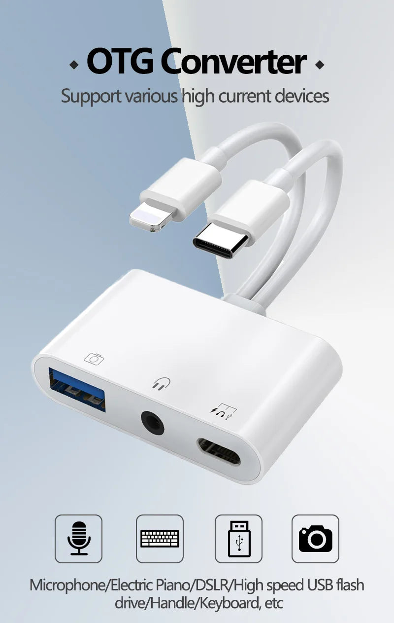 Byscoon Lightning/Type C to USB 3.0 /3.5mm/Type C OTG Adapter 3.5mm Audio Jack Splitter for iPhone14/13/12/iPad with Charging