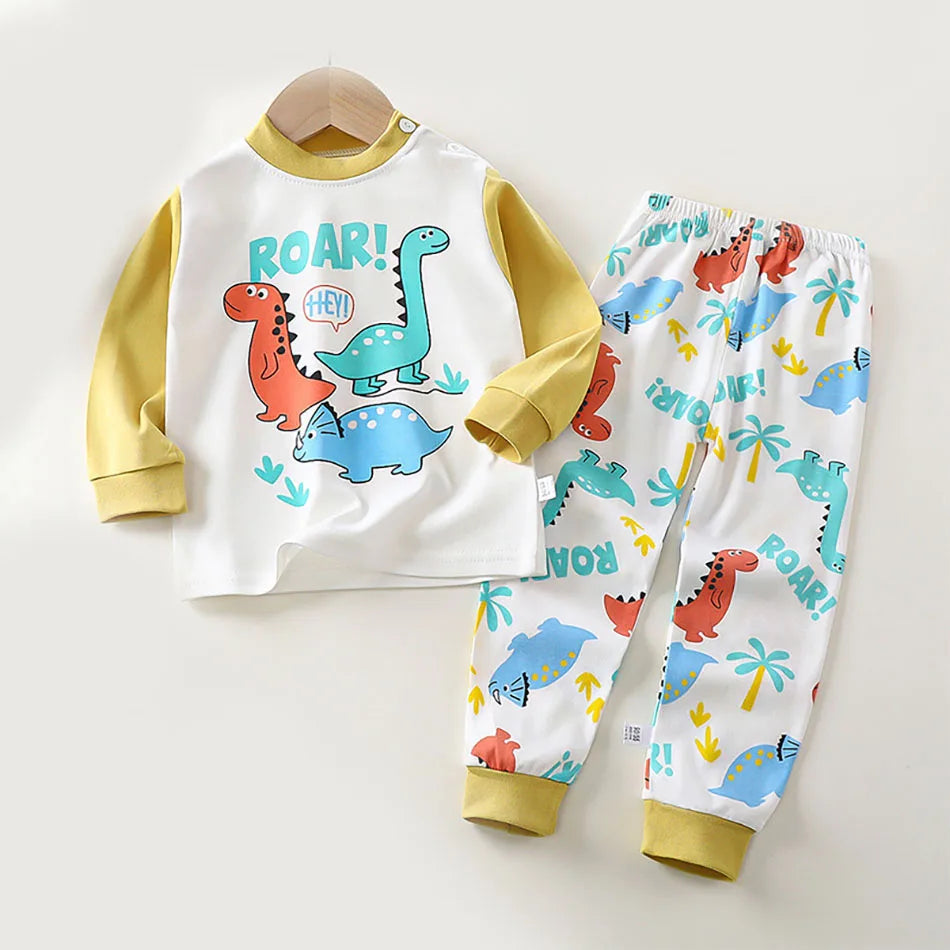 Spring Autumn Sleepwear Kids Comfort Cotton Pajamas Set Durable and Soft Unisex Cartoon Dinosaur for Boy Girl Children Clothes