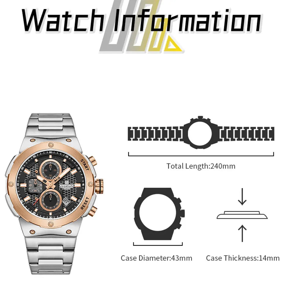 NAVIFORCE Man Quartz Top Brand Watch Luxury Luminous Chronograph Wristwatch Stainless Steel Waterproof Men Date Calendar Clock