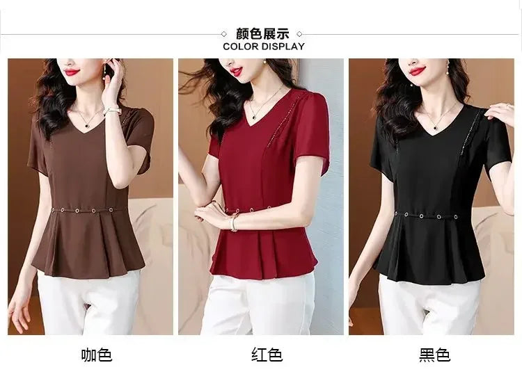 New Summer Solid Color Short-sleeved T-shirt Women with Large Size Fat Mm Slim V-neck Top Fashionable Temperament Small Shirt
