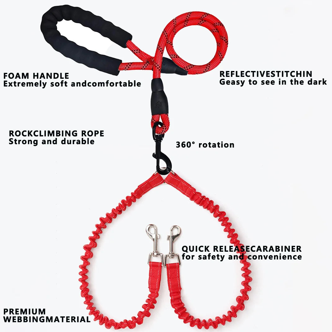 Double Dog Leash 360 Swivel No Tangle Walking Leash Shock Absorbing Bungee for Two Dogs Retractable Elastic Luminous Dog Leash